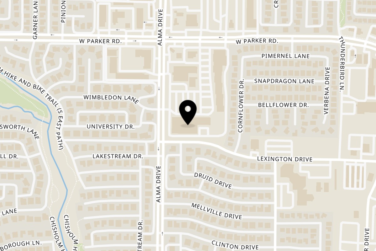 Map showing the location of Mom's Fresh Asian Deli on 910 W Parker Rd #360 in Plano